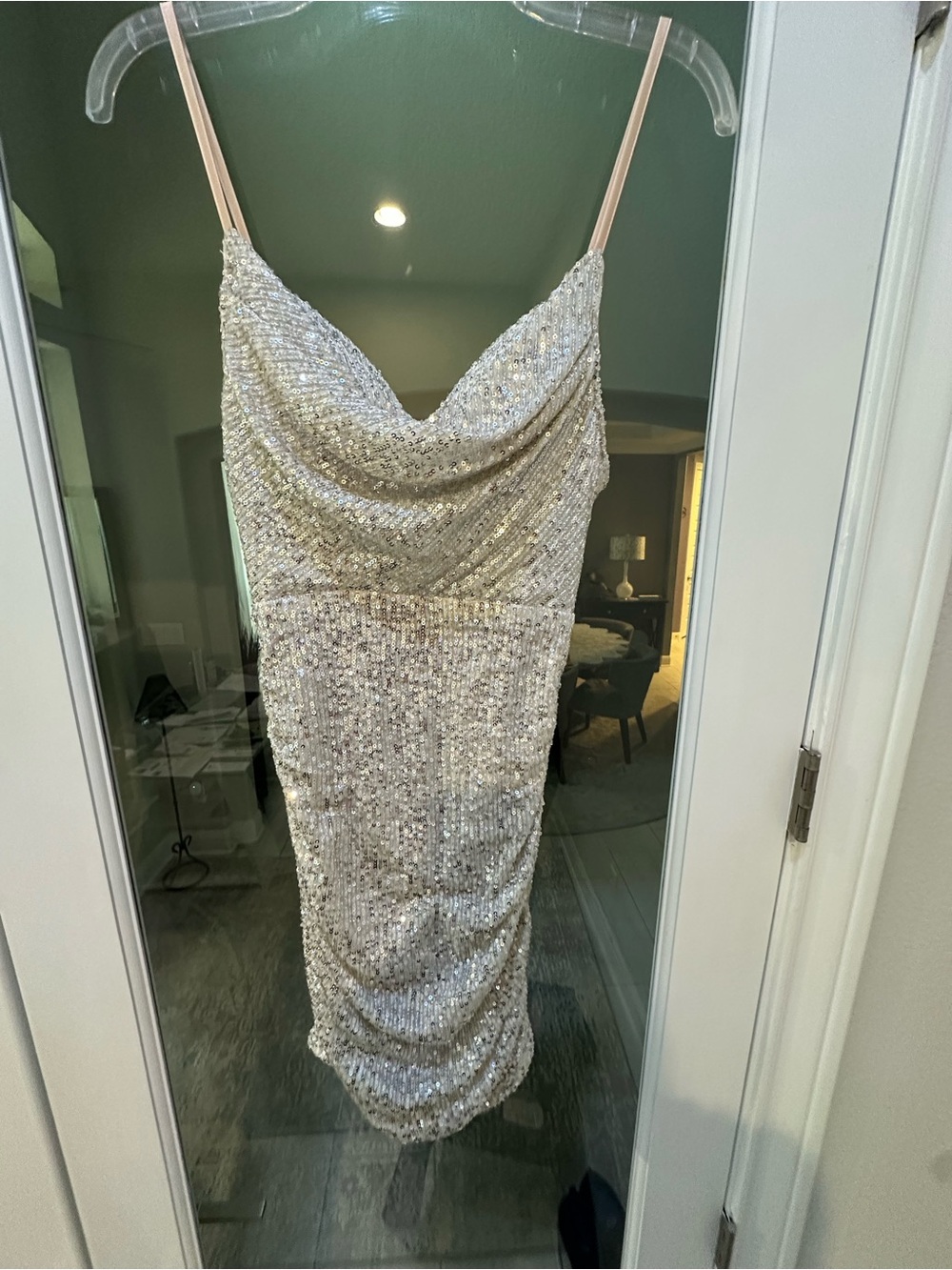 Hello Molly Silver Sequin Ruched Cowl Neck Mini Dress